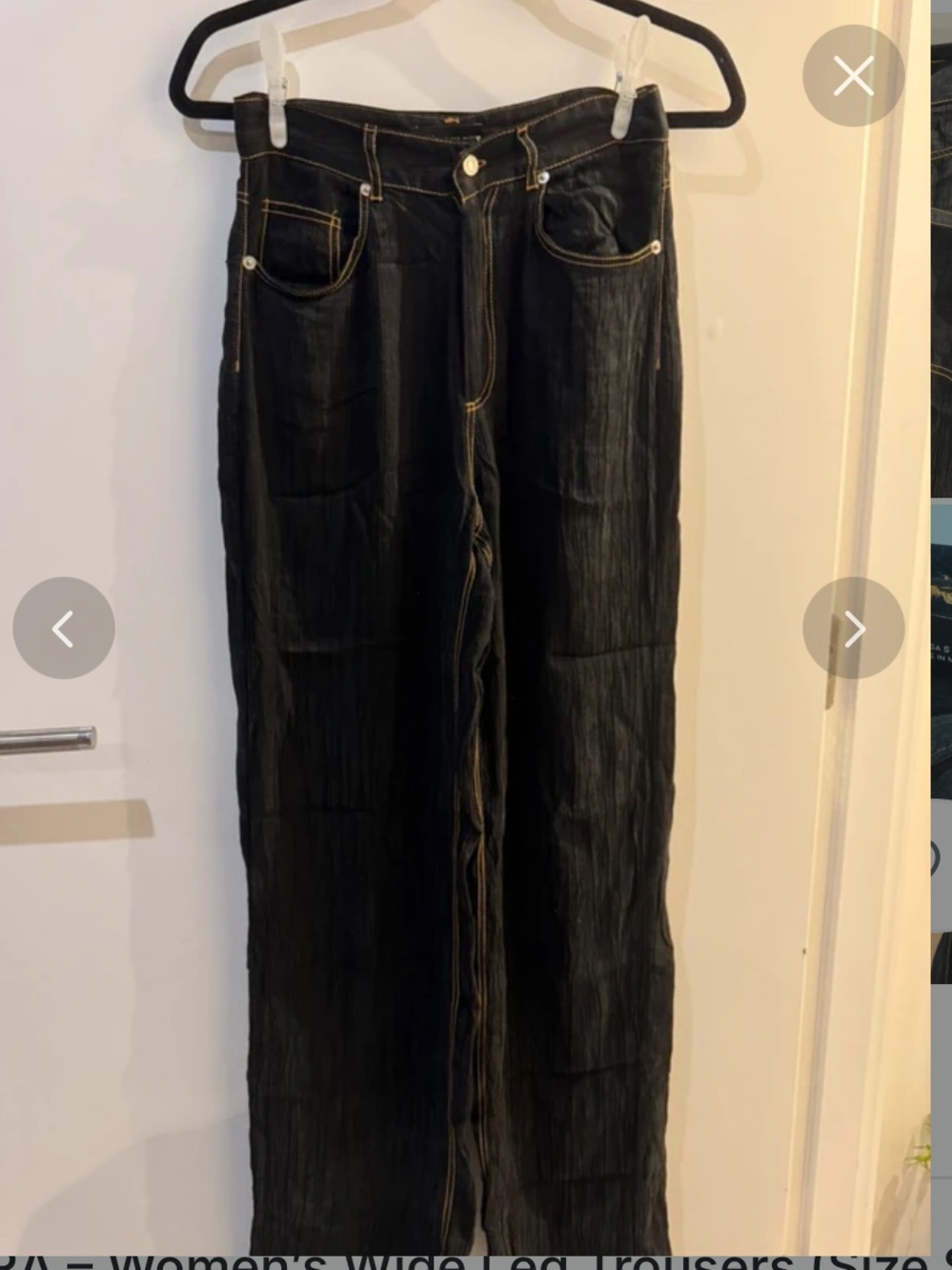 Zara Black straight Leg pants trousers with Contrast Stitching wrinkle effect XS